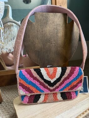 Beaded Multicolor Women’s Shoulder Bag - Pink Strap
